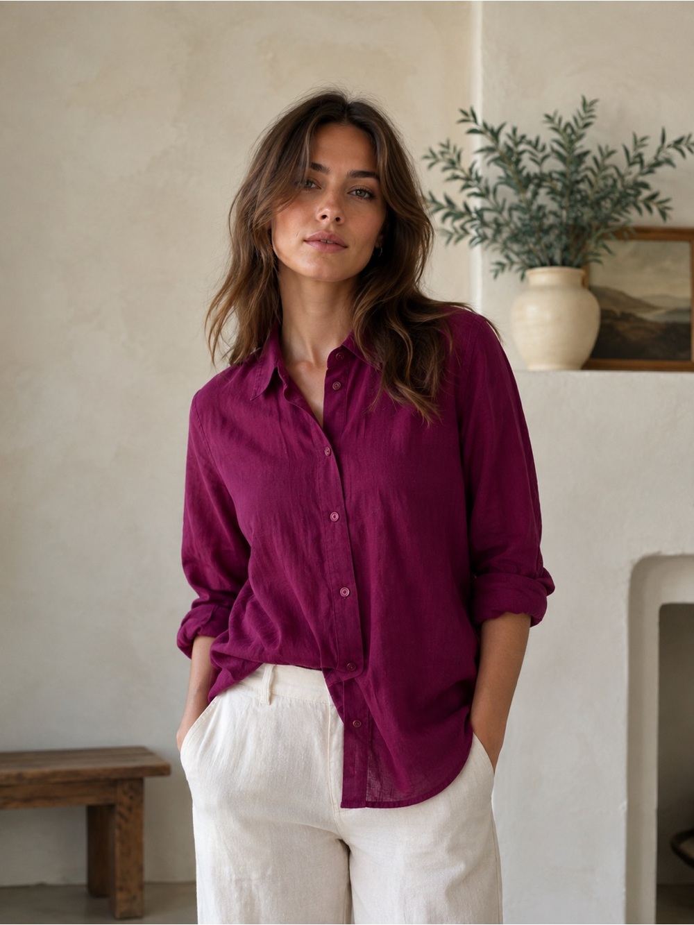 Caslon Women's Linen Button-up Shirt Berry Plum Color M